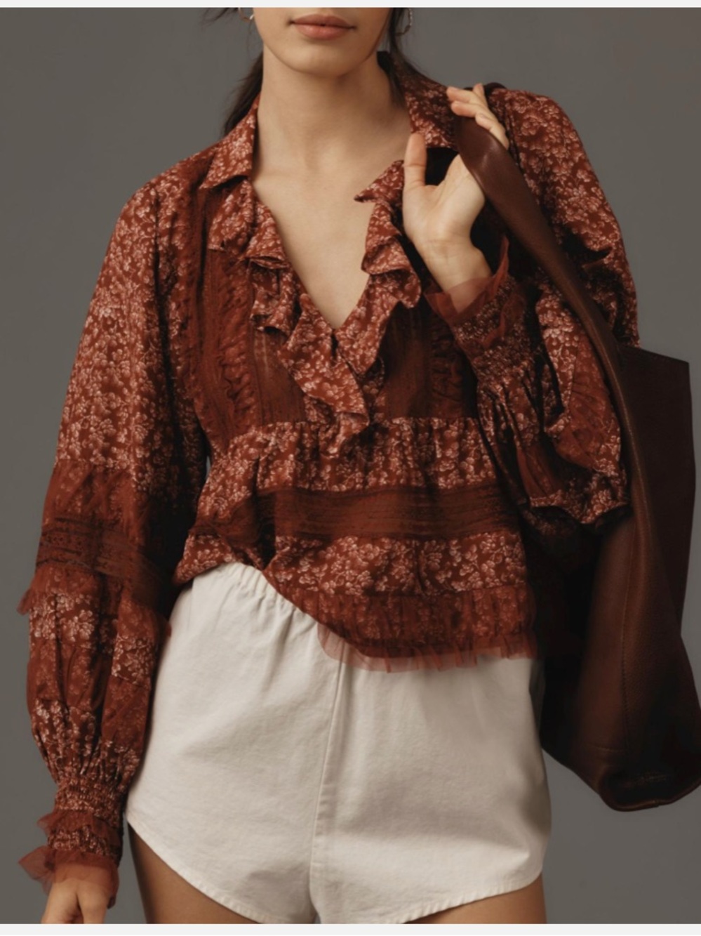 By Anthropologie Ruffled V Neck Popover Blouse in Red Motif, Size XS.